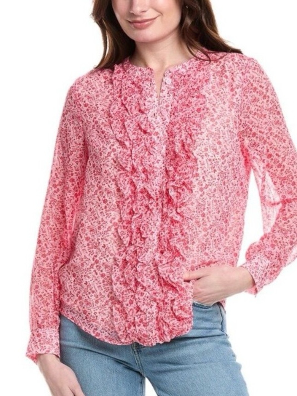 Fate Womens Ditsy Floral Print Ruffle Placket Blouse, Pink - Small